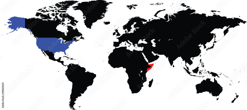 Somalia and United States maps on a global map vector Somalia and United States maps on a global map vector