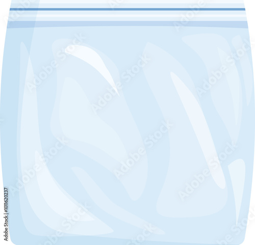 This is a realistic vector illustration of an empty transparent plastic zipper bag with a blue zipper, waiting to be filled