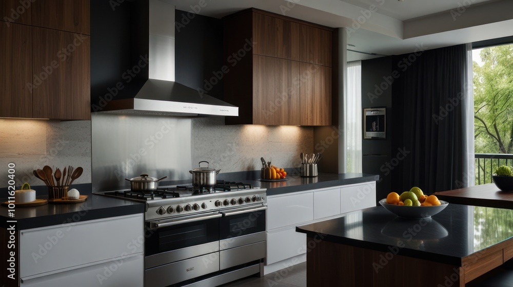 Fototapeta premium Modern kitchen with stainless steel appliances, dark wood cabinets, and a large island with fruit bowl.