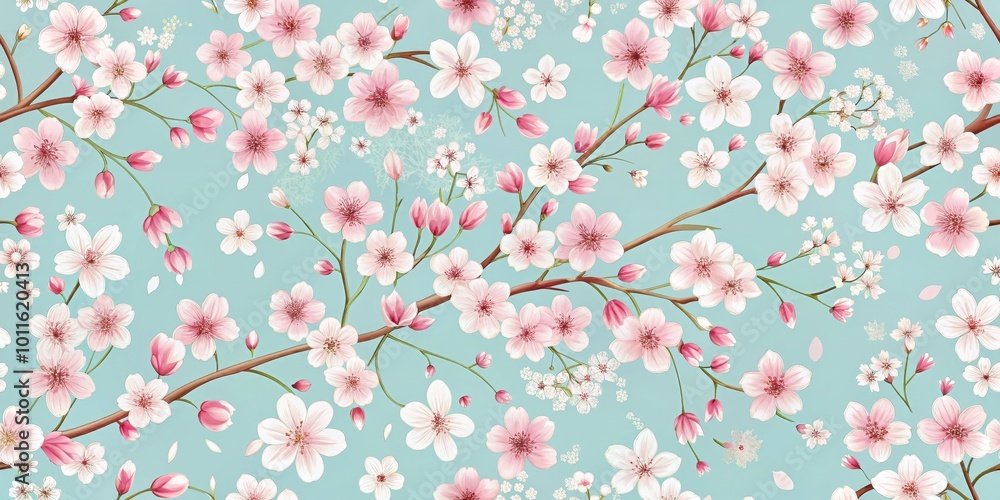 Delicate Watercolor Cherry Blossom Seamless Pattern on Aqua Blue Background, Cherry Blossoms, Floral Pattern, Spring Flower , Delicate Watercolor Cherry Blossom Seamless Pattern on Aqua Blue Background, Cherry Blossoms, Floral Pattern, Spring Flower ,