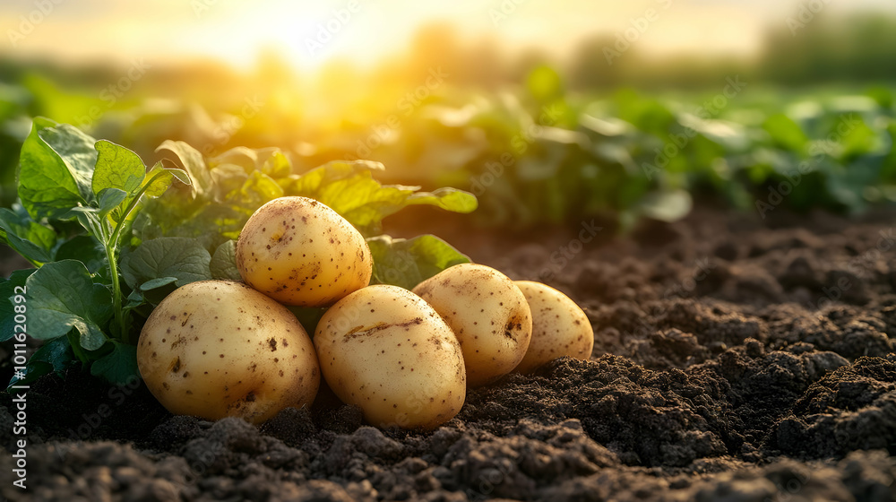 Freshly Harvested Potatoes Resting in the Soil After Being Dug Up, with a Warm Sunset Glow in the Background Freshly Harvested Potatoes Resting in the Soil After Being Dug Up, with a Warm Sunset Glow in the Background