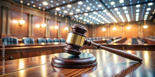 Gavel on a Wooden Table in a Courtroom with Blurry Background, Justice, Law, Court photo