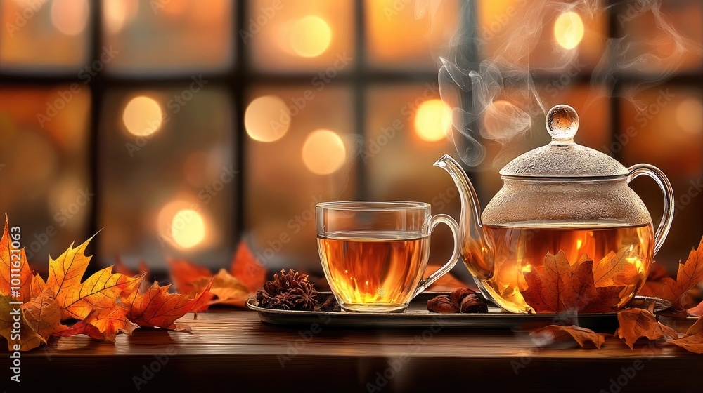 A steaming cup of tea sits on a tray with loose-leaf tea leaves beside it. A transparent teapot releases steam, framed by a warm blanket and autumn foliage outside A steaming cup of tea sits on a tray with loose-leaf tea leaves beside it. A transparent teapot releases steam, framed by a warm blanket and autumn foliage outside