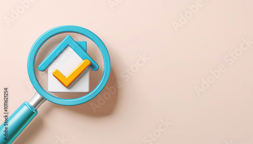 Magnifying glass focusing on a house symbol with a check mark, ideal for real estate concepts.