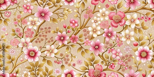 Golden Floral Tapestry with Pink and White Flowers, Seamless Pattern, Digital Art, Floral Design, Botanical Illustration, Spring Bloom, Nature