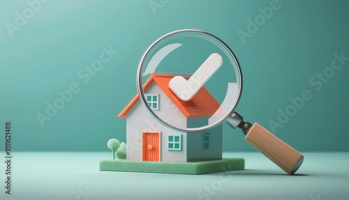 Model house with a magnifying glass symbolizing inspection and approval, mint green background.