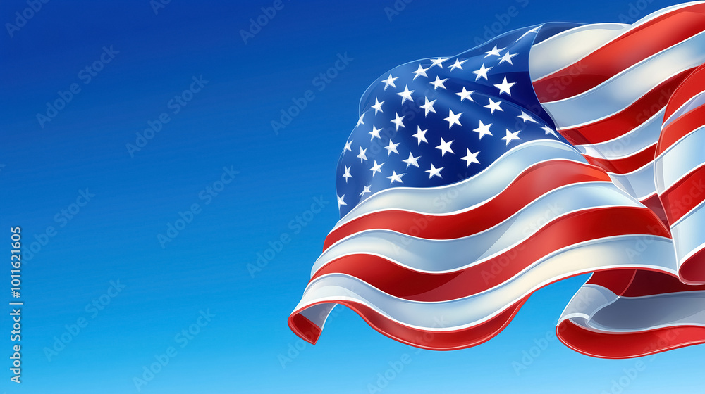 Obraz premium Waving American flag under a clear blue sky, dynamic movement