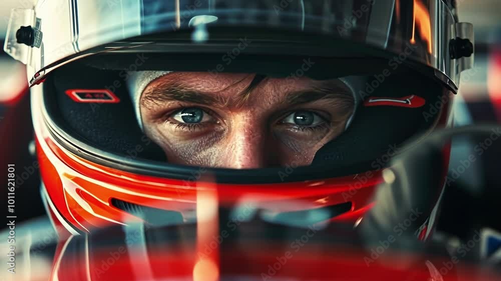 Focused male race car driver in helmet prepares for high speed competition, exuding confidence and concentration with intense blue eyes Focused male race car driver in helmet prepares for high speed competition, exuding confidence and concentration with intense blue eyes