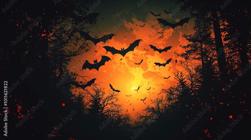 Bats flying around the border, in a 2D dark spooky style, great for Halloween party invites, with eerie shadows cast and tiny fangs visible, and copy space in the middle Bats flying around the border, in a 2D dark spooky style, great for Halloween party invites, with eerie shadows cast and tiny fangs visible, and copy space in the middle
