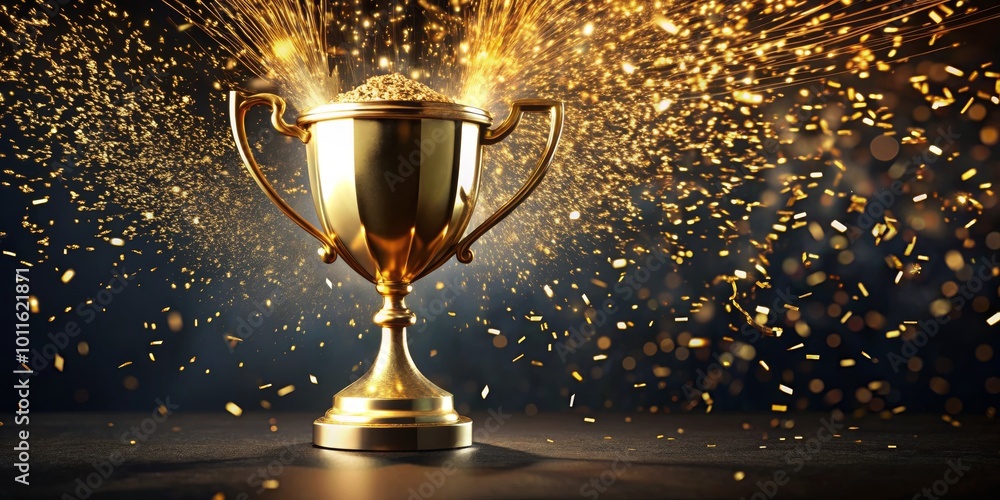 Golden Trophy with Confetti Explosion, Trophy, Award, Success Golden Trophy with Confetti Explosion, Trophy, Award, Success