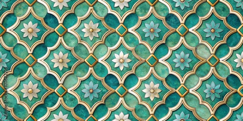 Intricate Golden Floral Pattern on Turquoise Background, Islamic Art, Mughal Architecture, Tile Design