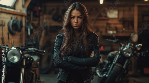 Female biker in a leather motorcycle jacket