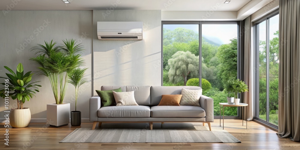 Modern Living Room with Air Conditioner and Large Window, 3D Rendering, Interior Design, Home Decor, Furniture , Air Conditioner, Window View Modern Living Room with Air Conditioner and Large Window, 3D Rendering, Interior Design, Home Decor, Furniture , Air Conditioner, Window View