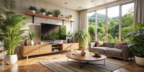 Modern Living Room with Wooden Furniture and Greenery, TV, Sofa, and Natural Light, Interior Design, Home Decor, Living Room Style