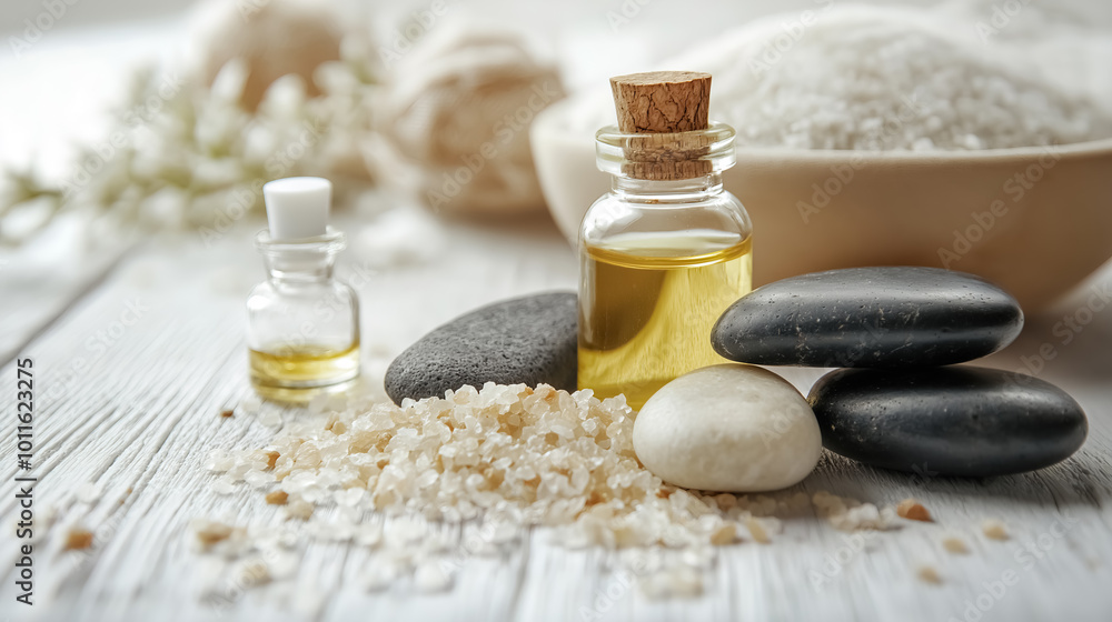 Items for spa procedures, featuring massage stones, essential oils in small bottles, and a bowl of sea sal Items for spa procedures, featuring massage stones, essential oils in small bottles, and a bowl of sea sal