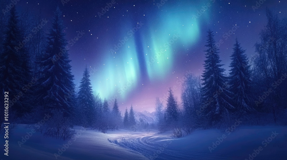 The magical winter forest illuminated by the northern lights The magical winter forest illuminated by the northern lights
