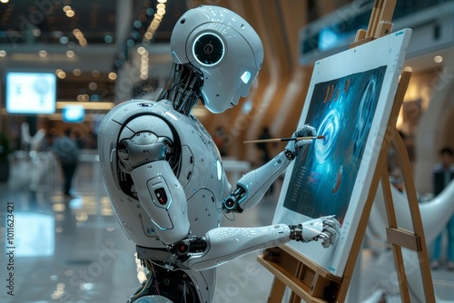 A robot artist at work in a modern art studio, painting with colorful palette and inspiration