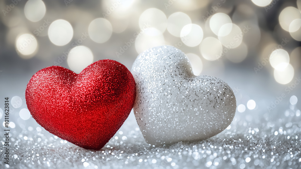Fototapeta premium Close-up of red and white hearts shining on a glittery background, with bokeh lights creating a romantic atmosphere