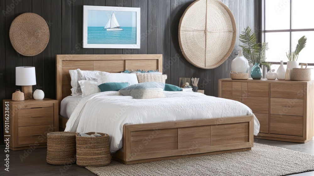 Obraz premium A beautifully designed Naples-style bedroom showcases coastal accents, wicker baskets, and a stunning view of the sea through large windows, creating a tranquil atmosphere