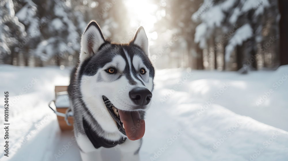 Fototapeta premium Siberian Husky Pulling Sled Through Snowy Landscape