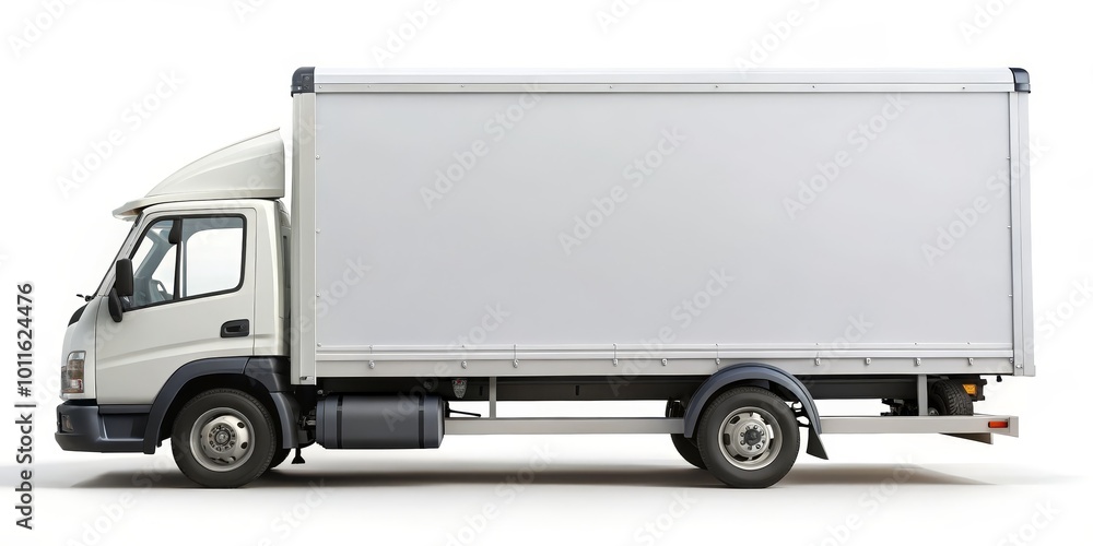 Side View of a White Delivery Truck with Blank Space on the Side, 3D Illustration, Delivery Truck, Truck, Vehicle Side View of a White Delivery Truck with Blank Space on the Side, 3D Illustration, Delivery Truck, Truck, Vehicle
