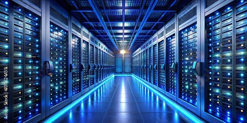 Server Room Hallway with Blue Lighting, 3D Rendering, Data Center, Server, Technology ,server room, server racks