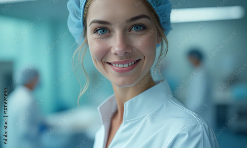 Fototapeta premium A woman in a white lab coat smiles at the camera
