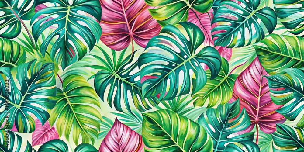 Tropical Watercolor Leaves - Lush Green and Pink Palette, Watercolor Painting, Tropical Leaves, Monstera, Palm, Floral Tropical Watercolor Leaves - Lush Green and Pink Palette, Watercolor Painting, Tropical Leaves, Monstera, Palm, Floral