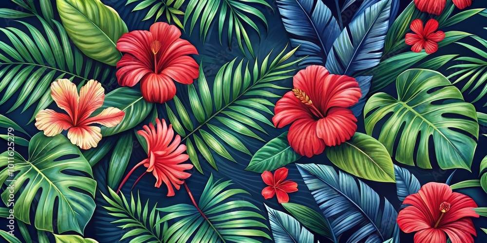 Vibrant Tropical Floral Pattern A Seamless Design of Red Hibiscus and Lush Green Foliage on a Dark Blue Background, tropical, floral, pattern Vibrant Tropical Floral Pattern A Seamless Design of Red Hibiscus and Lush Green Foliage on a Dark Blue Background, tropical, floral, pattern