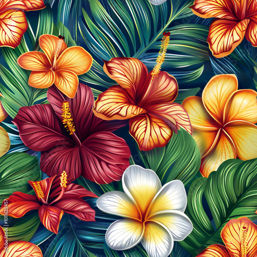 Vibrant tropical flowers and lush green leaves create a beautiful, exotic pattern.