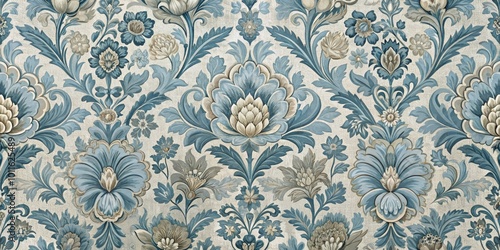 Vintage Floral Pattern in Blue and Cream Tones, Vintage Wallpaper, Floral Design, Wallpaper Pattern