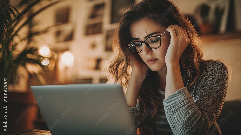 Young lady wering casual outfit hard working in front of a laptop computer in her home office Young lady wering casual outfit hard working in front of a laptop computer in her home office