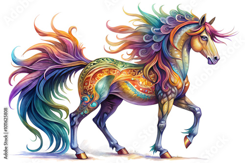 fantasy horse unicorn with colorful mane and starry patterns art design isolated on transparent background