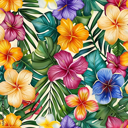 Vibrant tropical floral pattern with colorful hibiscus and plumeria flowers.