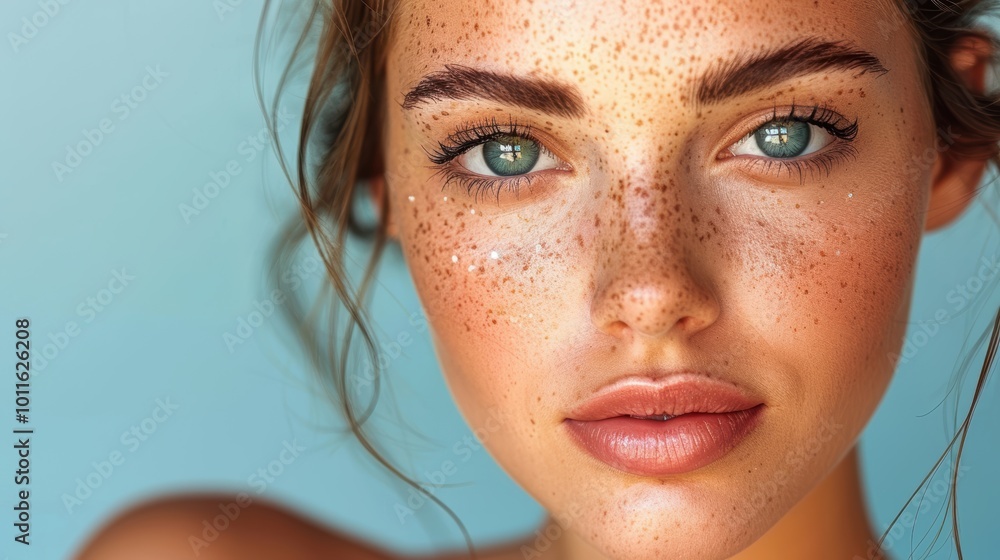 A close-up portrait of a person with striking blue eyes, freckles, and subtle glitter on their face, showcasing natural beauty and a captivating gaze A close-up portrait of a person with striking blue eyes, freckles, and subtle glitter on their face, showcasing natural beauty and a captivating gaze