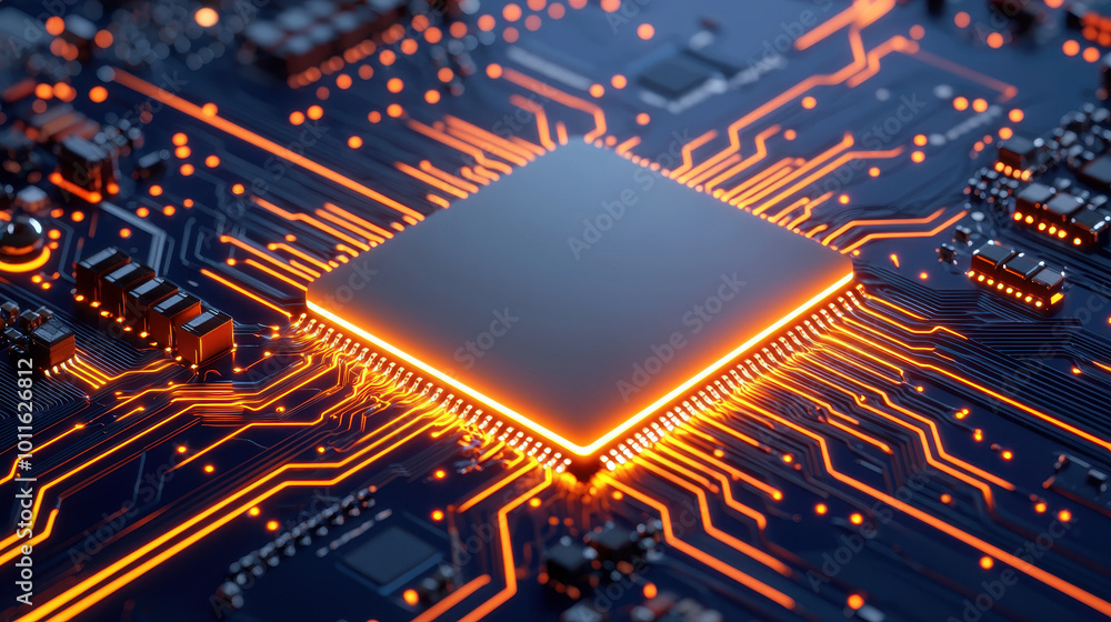 Close up of glowing AI chip surrounded by intricate data streams and circuits, showcasing advanced technology and innovation in electronics