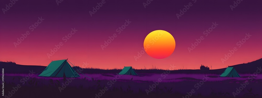 Minimalist vector art of the setting sun and moon, simple shapes, simple lines, low detail, low resolution, purple-pink-orange gradient background with tents in the foreground Minimalist vector art of the setting sun and moon, simple shapes, simple lines, low detail, low resolution, purple-pink-orange gradient background with tents in the foreground