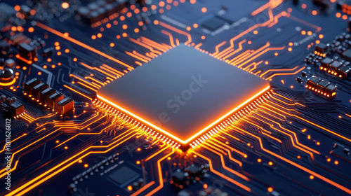 Obraz na płótnie Close up of glowing AI chip surrounded by intricate data streams and circuits, showcasing advanced technology and innovation in electronics w salonie