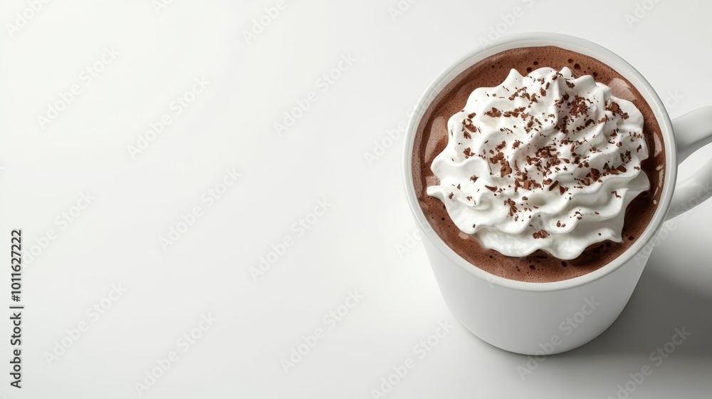 A delicious mug of hot chocolate topped with whipped cream and chocolate shavings, on a white background. A delicious mug of hot chocolate topped with whipped cream and chocolate shavings, on a white background.