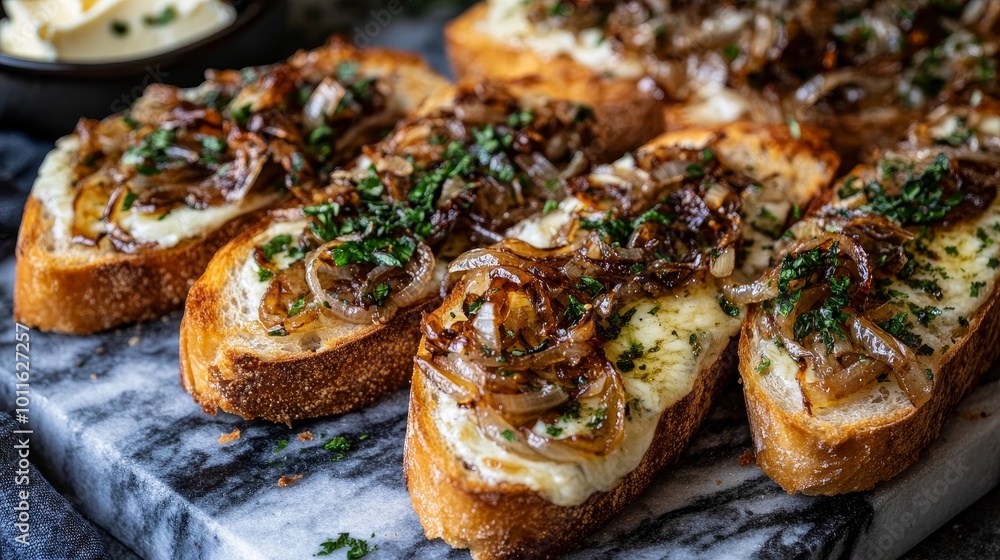 Delicious toasted bread topped with melted cheese, caramelized onions, and herbs, served on a marble platter. Delicious toasted bread topped with melted cheese, caramelized onions, and herbs, served on a marble platter.