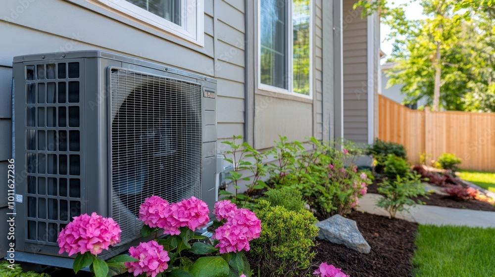 Fototapeta premium Outdoor air conditioner unit in residential backyard with flowers and landscaping