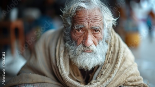 An elderly man with a long white beard wrapped in a blanket, captured in a poignant urban scene that reveals the intersecting moments of life and human resilience