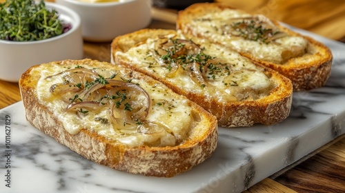 Three toasted bread slices topped with melted cheese and caramelized onions, served on a marble board.