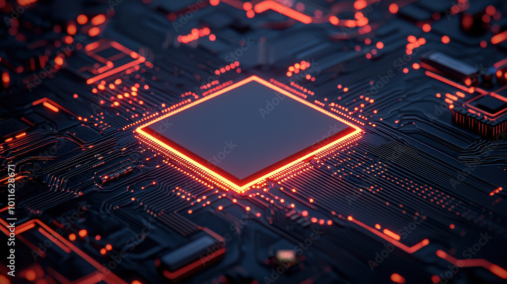 close up view of digital circuit board featuring central processing unit illuminated with vibrant orange lights, showcasing intricate pathways and connections. image conveys sense of advanced close up view of digital circuit board featuring central processing unit illuminated with vibrant orange lights, showcasing intricate pathways and connections. image conveys sense of advanced