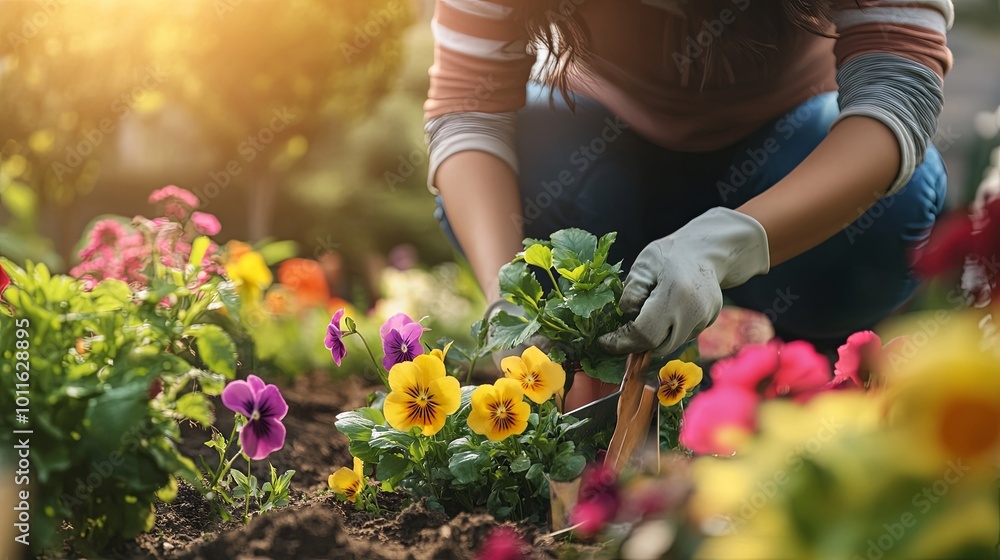 Woman planting flowers in her garden, spring season, gardening tools visible, vibrant and colorful flowers.