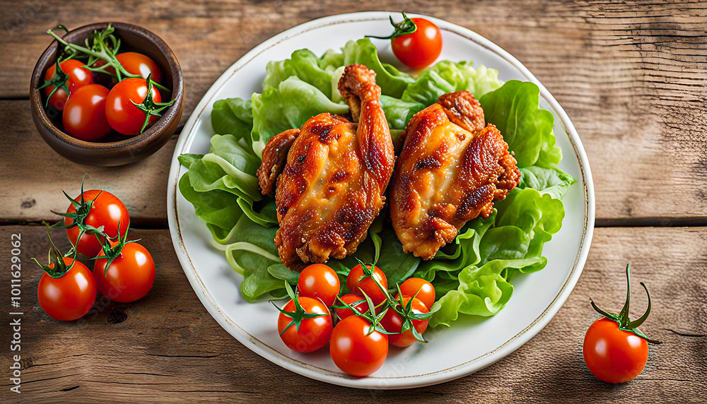 Fried chicken in batter with multi-colored cherry tomatoes and fresh herbs on a light background. Fried chicken in batter with multi-colored cherry tomatoes and fresh herbs on a light background.