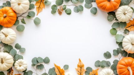 Thanksgiving autumnal autumn fall concept greeting card - Frame border made of autumn orange and white pumpkins and eucalyptus leaves, isolated on white table background, top view.