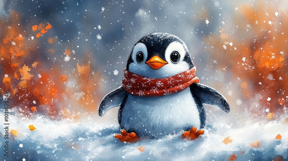 A happy penguin sliding on a snowcovered hill, wearing a festive scarf with a vibrant holiday background and ample space for advertisement copy A happy penguin sliding on a snowcovered hill, wearing a festive scarf with a vibrant holiday background and ample space for advertisement copy
