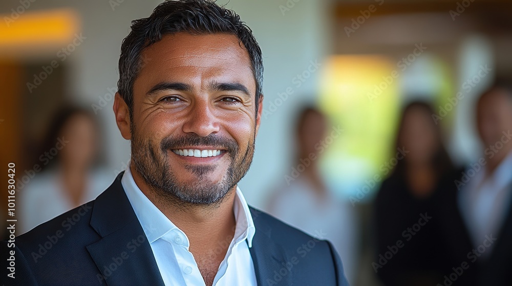 A confident professional man in a suit smiling warmly in an office setting with blurred colleagues in the background displaying workplace camaraderie A confident professional man in a suit smiling warmly in an office setting with blurred colleagues in the background displaying workplace camaraderie