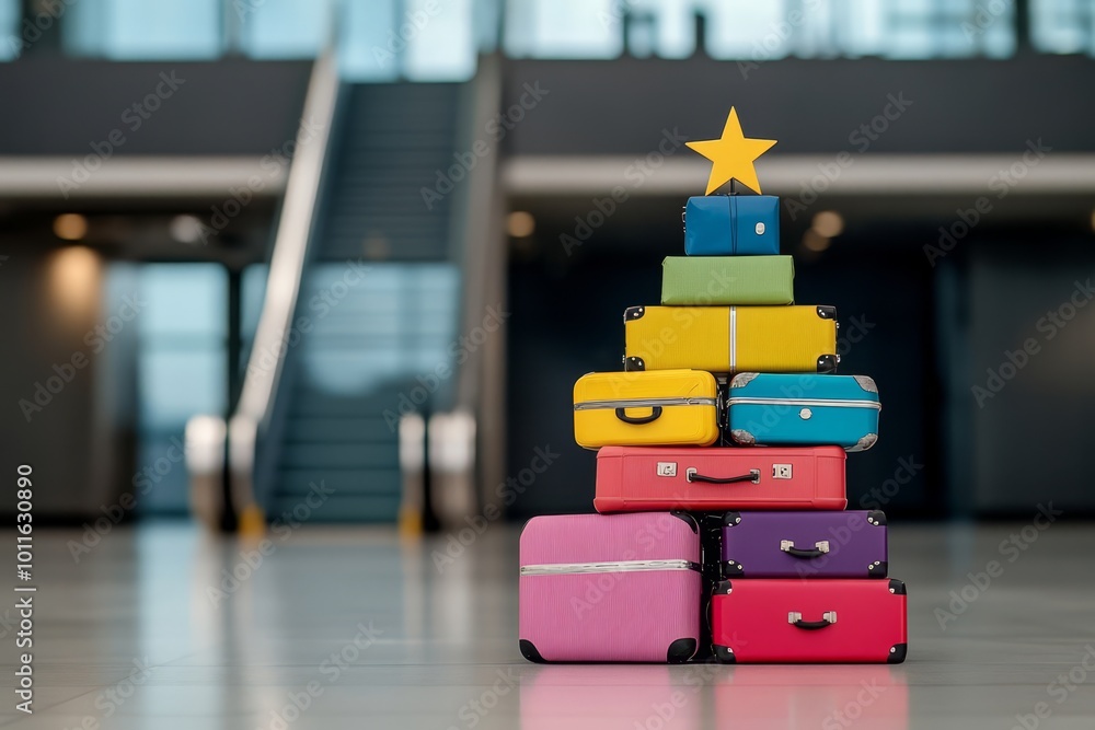 Obraz premium Colorful Luggage Pyramid with Star at Modern Airport: Travel and Adventure Concept